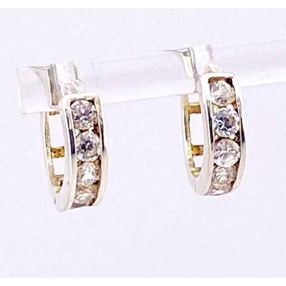 Silver Tone CZ Hoop Earrings Huggy Hoops 5/8" Diameter - Picture 1 of 5